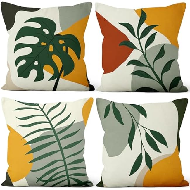 4 Pcs/Set Rose Flowers Pillow Covers Summer Floral Green Leaves Pink Flowering Shrub Natural Scenery Watercolor Romantic Linen Cushion Case for Outdoor Couch Sofa Bedroom, 16x16