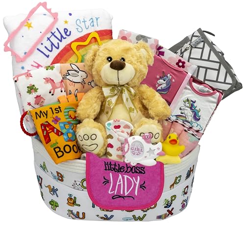Bundle of Joy - Juego de regalo de lujo para niñas | Esenciales para bebés para futuras mamás y padres | Juego de canastilla de regalo para recién nacidos de 25 piezas para revelación de género | Rosa