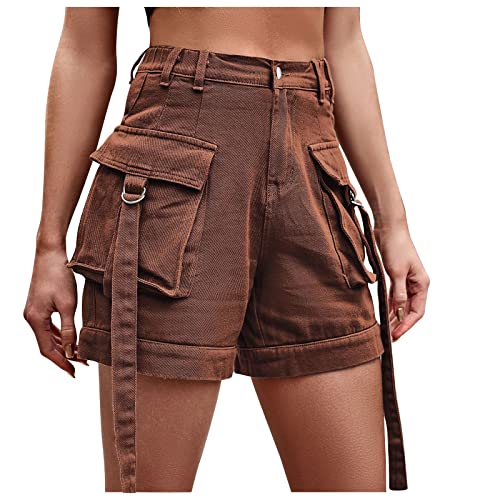 XUNRYAN Cargo Shorts Women Flap Pockets High Waist Denim Jeans Shorts Summer Casual Trendy Short Pants Fashion Clothes Brown