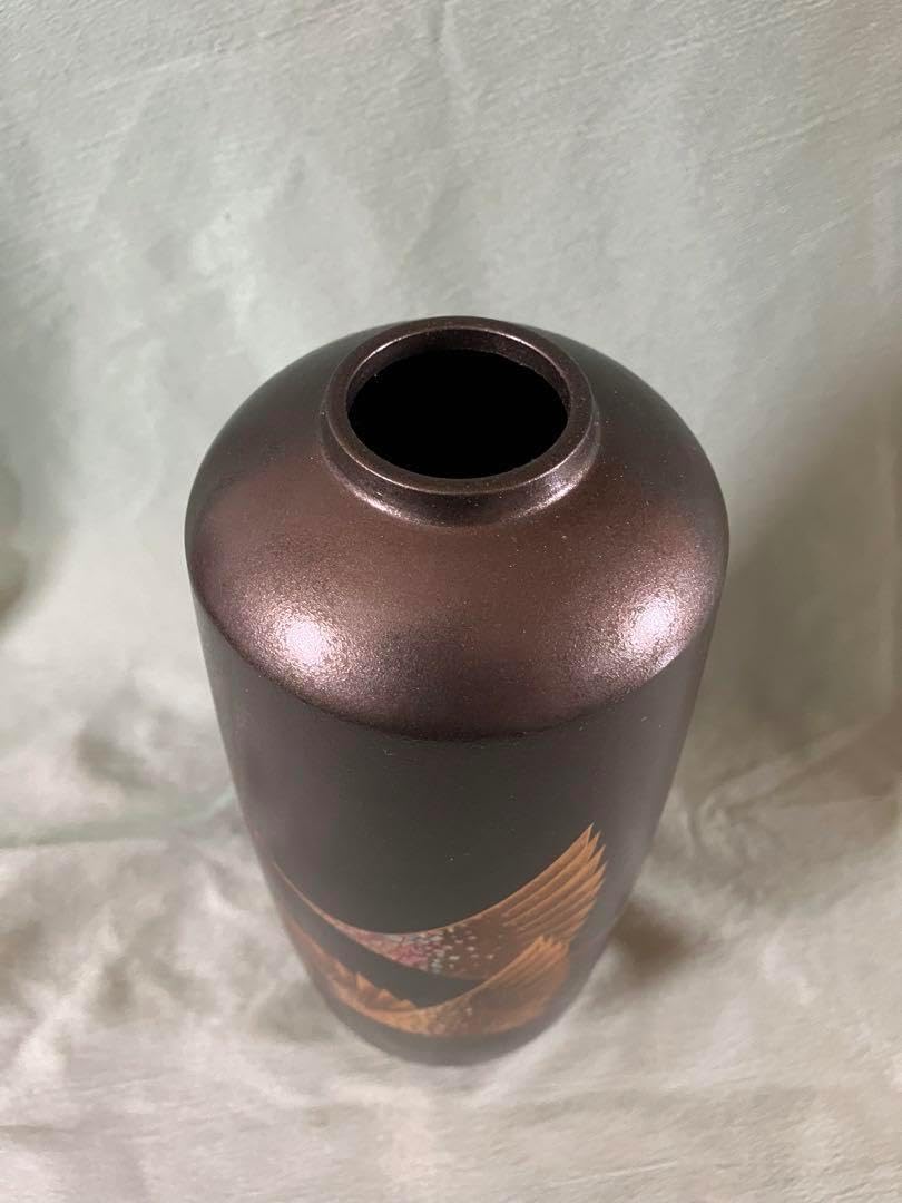 高岡銅器 銅製花瓶 蒔絵 寸胴 双鶴 102-01 アウトレット