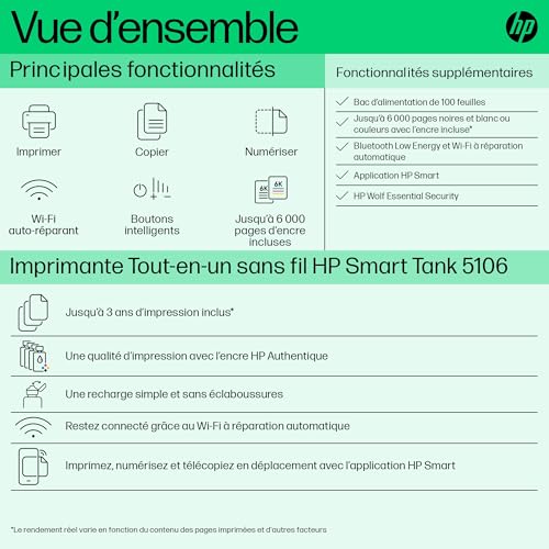 HP Smart Tank 5106, 4A8D1A, Imprimante wireless multifonction couleur, Réservoir d'encre à haut volume d'impression, Jusqu'à 12000 pages noir et 8000 pages couleur, Recto-verso manuel, WI-Fi, Grise