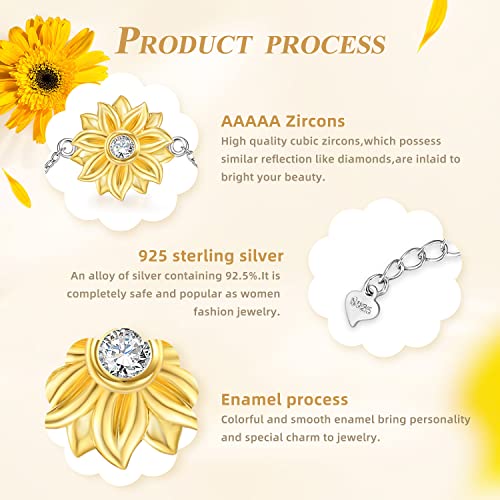 SNZM Bracelets for Women-925 Sterling Silver Sunflower Bracelet Chain Adjustable Heart Charm Link Birthday Sunflower Jewelry Gifts for Women/Daughter/Girlfriend3