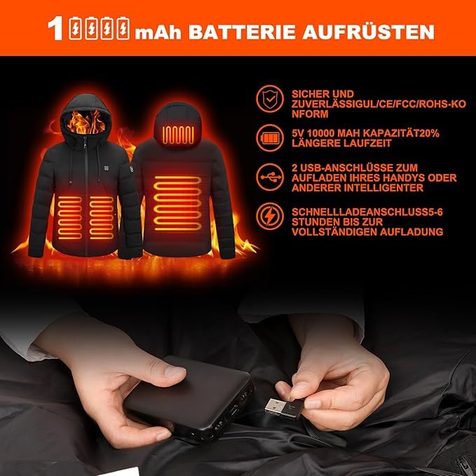 Chaqueta Calefactable con Capucha, Hombres Ropa Abrigada de Invierno Mujeres Abrigos Impermeables con 10000 mAh 3 Niveles de Calefacción y 4 Zonas Calefactables para Actividades al Aire Libre