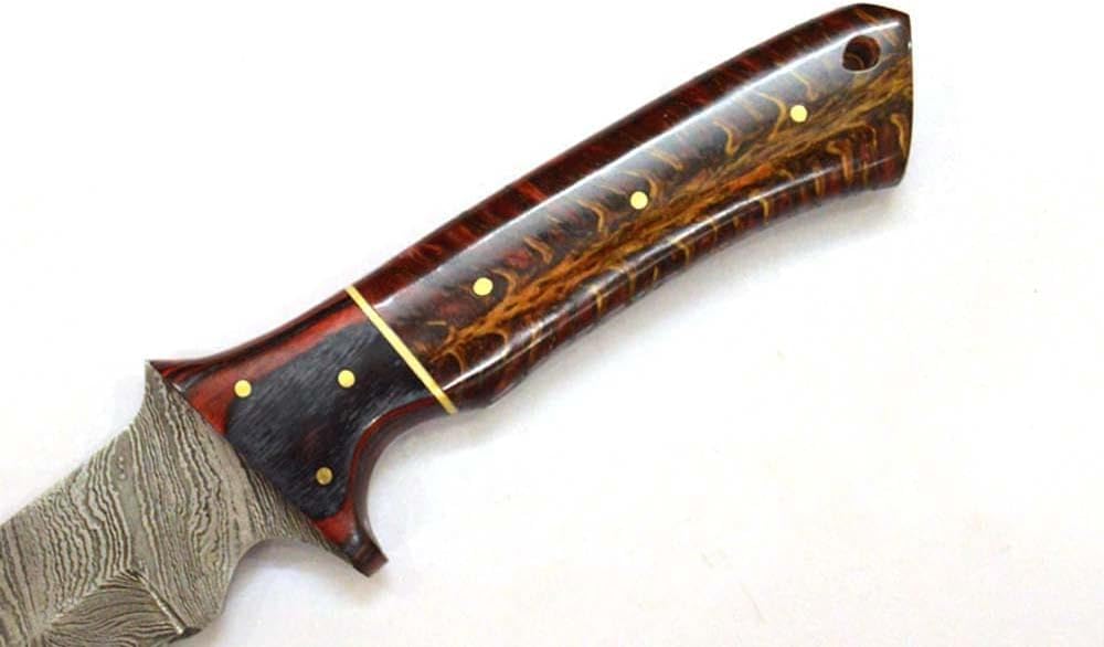 HMK 10.5 INCHES FORGED DAMASCUS STEEL SPORT CAMPING HUNTER KNIFE WITH DARK BROWN ACRYLIC PINE CONE WITH RED AND BLACK PAKKA WOOD HANDLE
