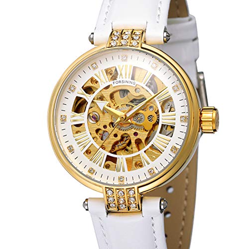Image of FORSINING Women's Stylish Automatic Movement Analog Skeleton Dial Watch with Leather Strap, White, Casual Watch