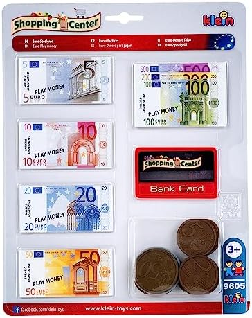 Theo Klein 9605 euro Play Money with Credit Card I 37 Notes and 11 Coins – from 1 Cent Coins to 500 Euro Notes I Toys for Children Aged 3 and over