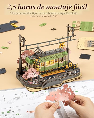 Miniatura 5 de Rolife 3d Puzzle Viaje Sakura Puzzles De Madera Para Adultos Sakura Densya Modelo Kits Con Luces Led Escena De Animación Decoración Del Hogar Romántico Cumpleaños Regalos Para Ella Él