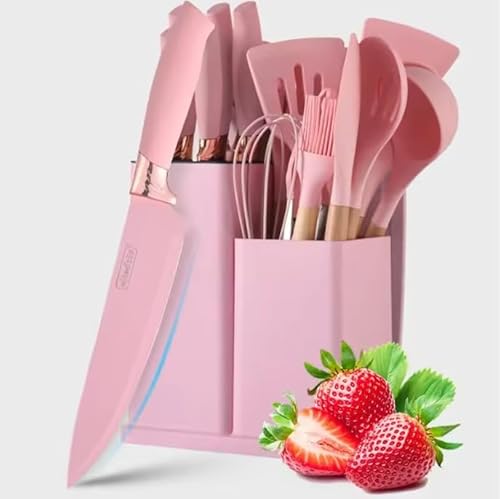 vexon, Ensemble d'Ustensiles de Cuisine, 19 Pièces, Ustensiles en Bois et Silicone, Couteaux, Planche à Découper, Rangement, Style Nordique, Ergonomique, Résistant à la Chaleur, 5 Couleurs (Rose)
