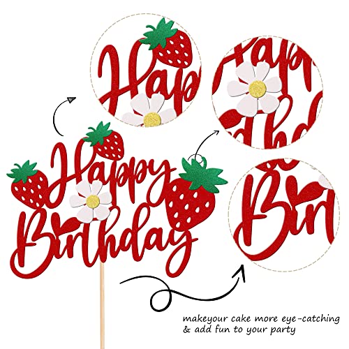 1 Pcs Strawberry Happy Birthday Cake Topper With Glitter Flower Fruit Theme Birthday Berrry Cake Pick Decorations For Strawberry Theme Baby Shower Kids Birthday Party Cake Decorations Supplies #TOP2