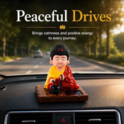 Image of ZAICUS Solar-Powered Moving Head Buddha Monk Statue - Feng Shui Good Fortune Ornament for Car Dashboard, Home and Office