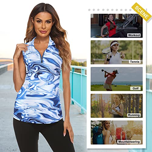 Koscacy Women's Sleeveless Golf Tennis Polo Shirts Zip Up Dry Fit Workout Tank Tops Blue Print Large #TOP3