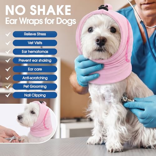 Image of No Shake Ear Wraps for Dogs, Dog Ear Cover with SoundProof Pads | Anxiety Relief Dog Head Wrap for Hematoma Wound, Adjustable Pet Calming Hoodie Ear Muffs Noise Protection, Pink M