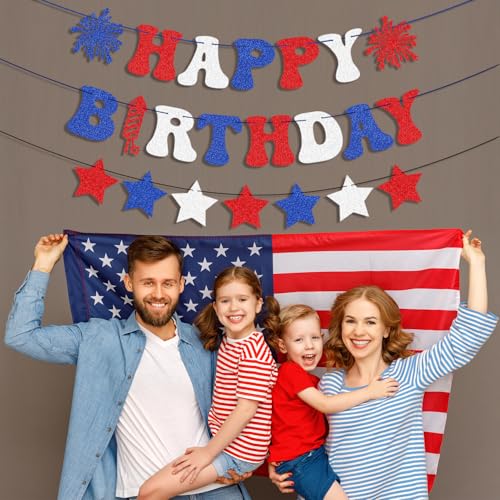 Image of 4th of July Happy Birthday Banner - Red, White + Blue Paper Glitter, 4th of July Birthday Decorations, USA Stars Banner, America Independence Day Veterans Day Birthday Party Favors