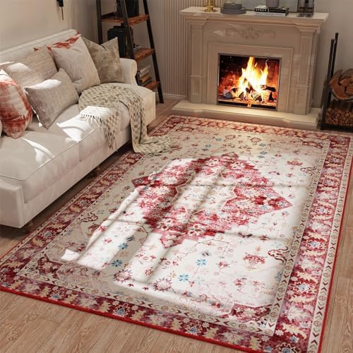 LOCHAS Super Soft Area Rug 6' x 9', Washable Living Room Rug, Non Slip Rug for Bedroom Livingroom Dining Room, Low Pile Vintage Floral Print Accent Carpets for Office Home Floor Carpet