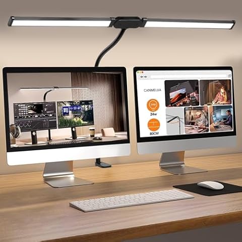 CANMEIJIA LED Desk Lamps for Home Office - Upgrade Dual Head Architect Task Lamp with Clamp & Adatper, 50 Lighting Modes Monitor Light Bar, Adjustable Gooseneck Desk Light for Work Drafting Study Cover