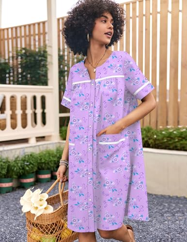 Image of Ekouaer Nightgowns for Women House Dress with Pockets Snap Front House Coat Short Sleeve Duster Moo Moos Sleepwear S-3XL