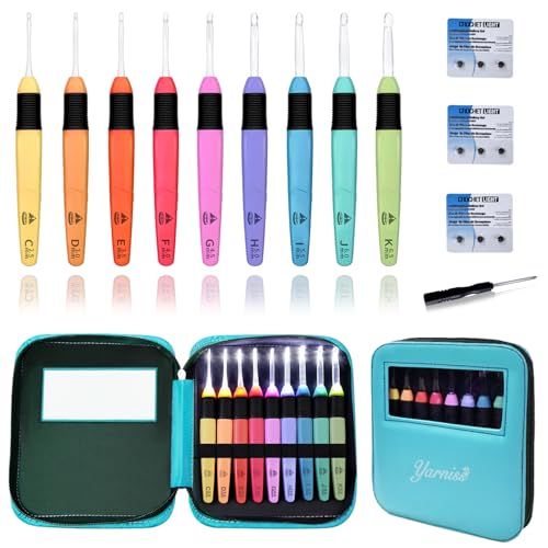 Yarniss Led Light Crochet Hooks Set with Case,9 Size Light Up Crochet Hooks 2.5mm~6.5mm Include Battery