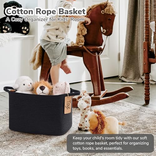 Image of Goodpick Woven Rope Storage Basket for Shelves, Rectangle, Black | 13 inch x 10 inch x 9 inch Stylish Gift Basket for Home Decor, Cotton Rope Baskets for Toys, Towels & Books Storage, Reinforced Handles