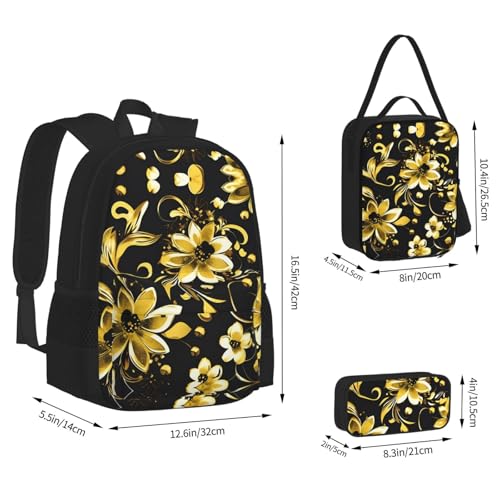 nanger Black And Gold Flowers Print 3-Piece Set Backpack, Lunch Bag And Pencil Case, For Travel, College, And Daily Use4