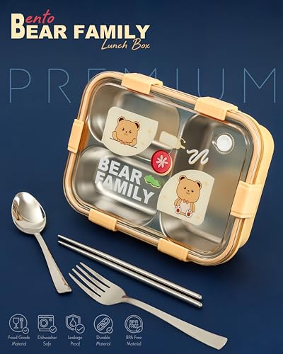 Image of Brand Conquer Lunch Box Leak-Proof BPA Free Stainless Steel for School, Lunch Box for School & Office with a Fork, a Spoon and a Pair of Chopsticks (Yellow, Bear Family 3 Compartment)