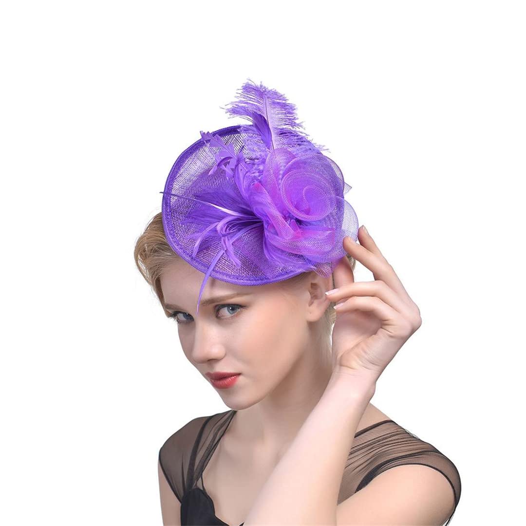 FBHappiness Fascinator Feathers Headpiece Cocktail Tea Party Headwear Flower Mesh Headwear Hair Clip For Wedding,Feather Flower Hair Clip(Purple)