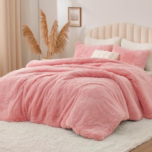Image of BEDELITE Pink Fluffy Comforter Set Queen, Fuzzy Faux Fur Comforter | Warm Fleece Shaggy Bedding for Winter, Soft & Cozy Plush Bed Set with 2 Pillowcases