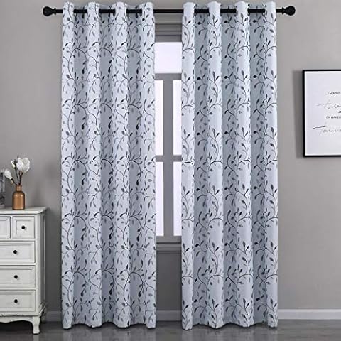GYROHOME Floral Blackout Curtain with Leaf Embroidery Grommet Top Thermal Insulated Room Darkening Engery Saving Drape Noise Reducing No Formaldehyde,2Panel,52Wx84L-inch,Light Gray Cover