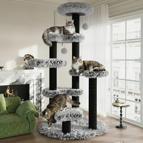 SHA CERLIN 61.5in Cat Tree Tower Multi-Level Activity Center with Cozy Perch Star-Shaped Platform Moon Jumping Board Sisal Scratching Posts Hanging Toy Balls for Indoor Feline Black and White