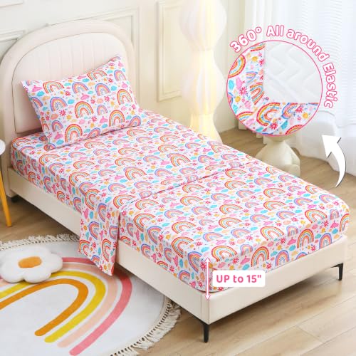 Image of Viviland 3 Pieces Girls Twin Sheets Set Kids, Pink Rainbow Cloud Printed