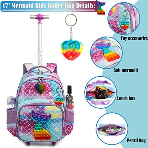 Egchescebo School Bags Kids Rolling Mermaid Backpack For Girls Luggage Suitcase With Wheels Trolley Wheeled Backpacks For Girls Travel Bags 17' 3Pcs Girls Toy Backpack With Lunch Box Blue #TOP3