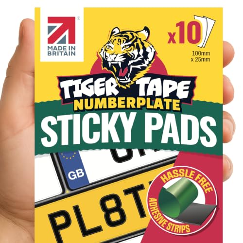 Tiger Tape UK Made Number Plate Sticky Pads. Automotive Grade Heavy Duty Extra Strong Double Sided Adhesive for Vehicle Number Plates Licence Plates Car Registration Mounting Tape 10 Strips