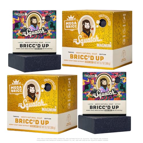 Dr. Squatch Natural Mens Bar Soap Limited Edition Trojan Gifts for Men Natural Cold Process Soap Bar Briccd Up (5 oz) + Magnum Bricc (13.7 oz) 4-Pack