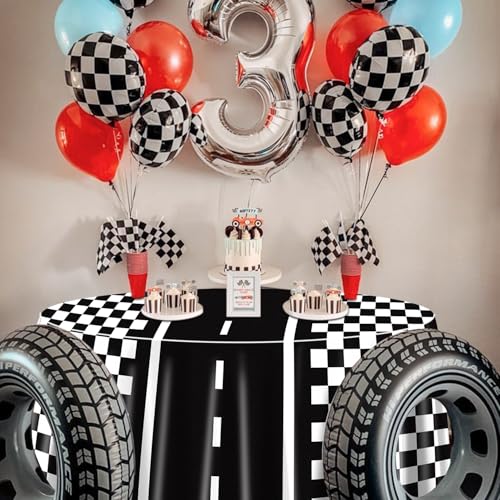 PIXHOTUL Racing Car Tablecloths for Round Table, Plastic Black Racetrack Tablecover for Kid's Birthday Racing Car Theme Party Fast One Two Fast Party, 84 x 84in by PIXHOTUL - Used condition - Image 4