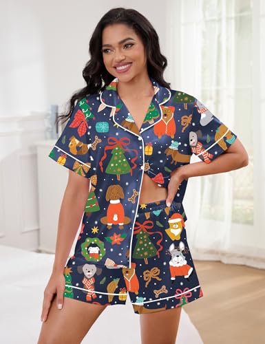 Image of SHESHOW Satin Pajamas for Women Set Preppy Animals Pjs Short Sleeve Shorts 2 Piece Loungewear Sets XS-XXL