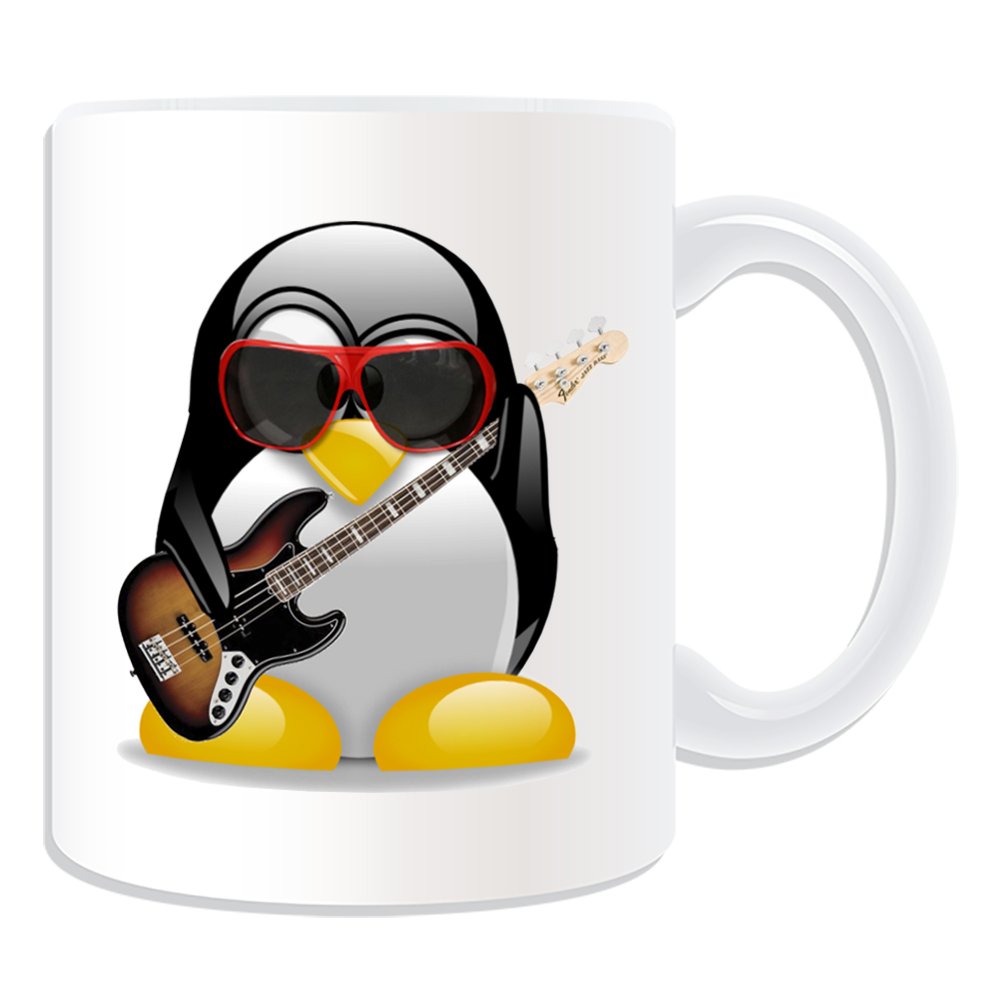 UNIGIFT Personalised Gift - Electric Bass Guitar Mug (Penguin in Costume Design Theme, White) - Any Name/Message on Your Unique - Music Musical Instrument