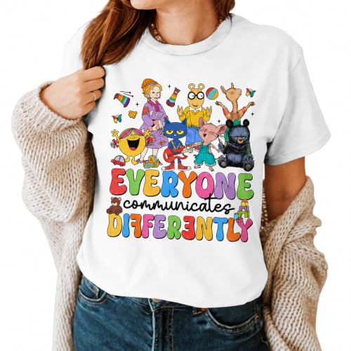 InterStellux Everyone Communicates Differently Shirt - Autism Support T-Shirt - Autism Awareness Month T-Shirt - Special Education Teacher Tshirt - ADHD Teacher Shirt - Gifts for Teachers (White,L)