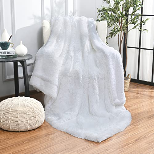 junovo Super Soft Shaggy Longfur Faux Fur Blanket, Fuzzy Throw Blanket for Bed, Fluffy Cozy Plush Light Blanket, Washable Warm Furry Throw Blanket for Couch Sofa Chair Home Decor, 60'x80' Pure White