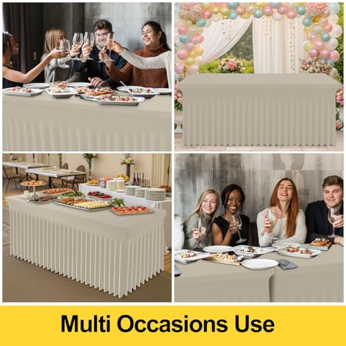 Image of Smiry 2 Pack Spandex Elastic Fitted Table Cloth Skirt for 8FT Table | Stretch Washable Table Cloth, Banquet Table Cover for Wedding, Party, Indoor & Trade Shows, (Taupe, 96Lx30Wx30H)