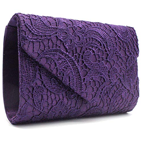 Bolso de embrague de encaje para mujer, bolso de embrague de encaje floral para mujer, bolso de embrague de encaje satinado, bolsos elegantes para fiestas y ocasiones de boda, Purple, Bolso bandolera Cover