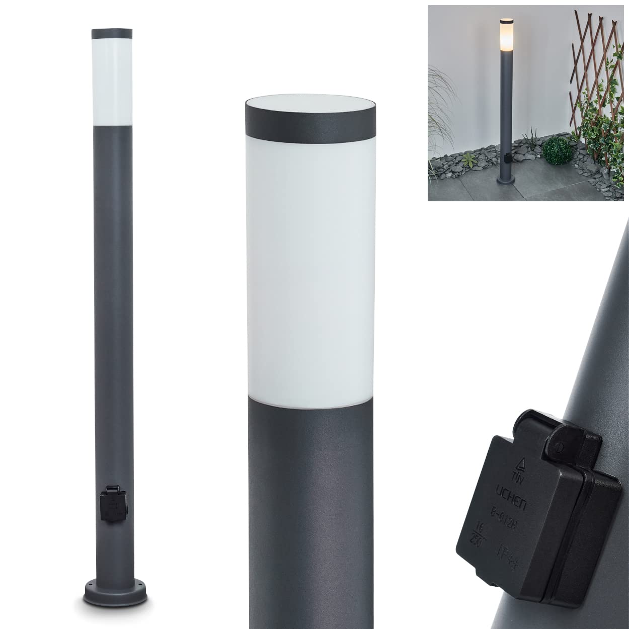 Lampe extérieur Sessa, lampe de socle moderne avec prise de courant en métal/plastique en anthracite/blanc, lampe d'allée 110 cm, lampe de jardin, E27, sans ampoules, IP44, ampoule(s) non incluse