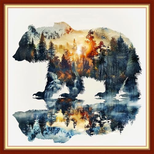 Image of Joyhoor Cross Stitch Kits for Beginners Stamped Cross-Stitch Supplies Needlework preprint Embroidery Kits for Adults DIY Needlepoint Kit Embroidery Patterns 11CT-Abstract Forest Bear 18x18 inch