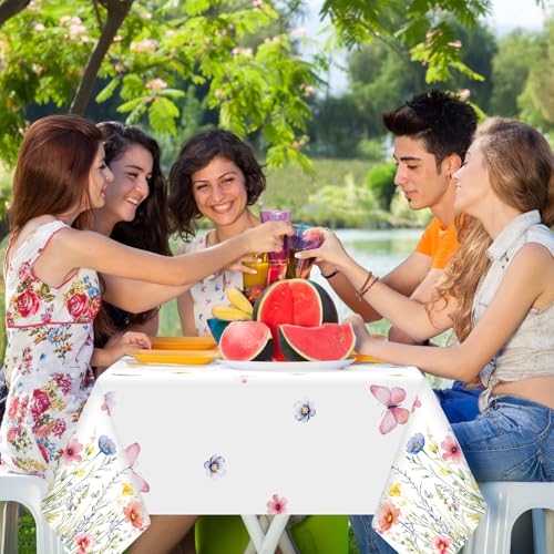 Image of Ganeen 3 Pcs Colorful Floral Tablecloth Disposable Plastic Wildflower Table Cloth Butterfly Flower Rectangle Table Cover for Birthday Wedding Valentines Easter Spring Tea Party Decor, 54 x 108 Inch