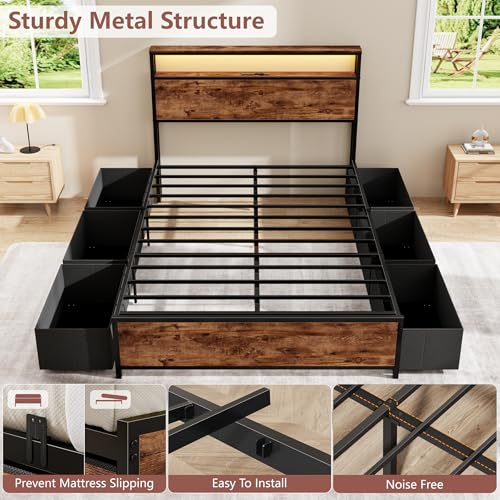 Image of Forestell Full Size Bed Frame with 2-Tier Storage Headboard & 6 Drawers