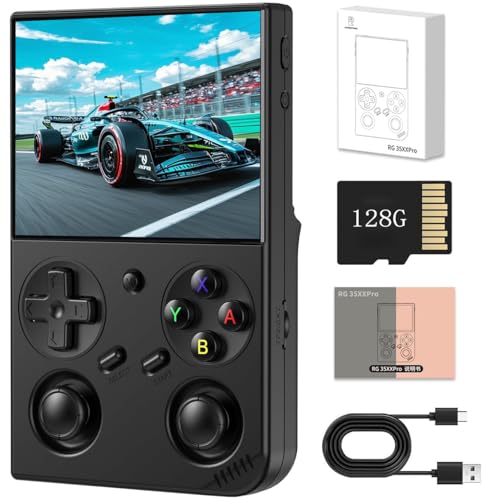 RG35XX Pro Retro Handheld Spielkonsole, 3,5 'IPS Bildschirm Tragbare Video Spiel Konsole, gebaut in 64g+128g Karte & 8000 Spiele, Linux System Unterstützung WiFi Bluetooth(schwarz,128G)