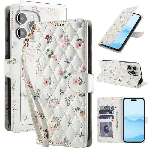 Coque iPhone 16 Pro Asuwish portefeuille à rabat motif fleur avec verre trempé 6,3 pouces