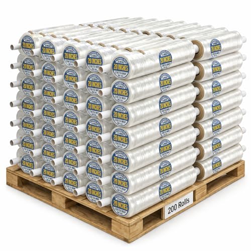 BOX USA Stretch Wrap Extra Wide Stretch Film Roll (200 Rolls) - 20 in Wide & 1000 ft long Clear Plastic Wrap with Handles for Pallet Wrapping Shipping Moving