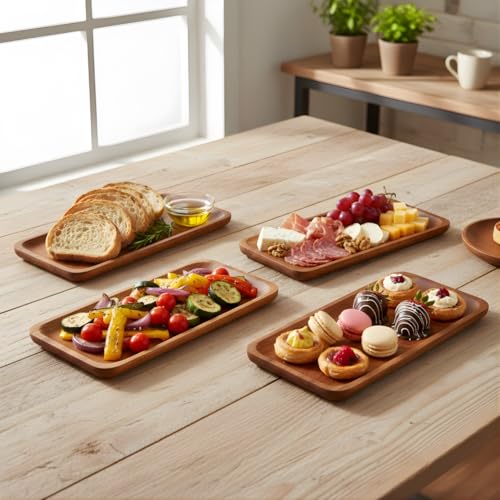 Image of SAAGA Acacia Solid Wood Rectangular Serving Platter Set of 4 | 12 x 5 Inch Wooden Serving Tray for Snacks, Fruits, Desserts & Appetizers | Multipurpose Acacia Wood Food Platters | Ohio Collection