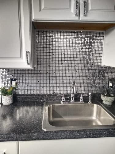 HomeyMosaic Peel and Stick Tile Backsplash for Kitchen Metal 3D Wall Sticker Panel Mosaic Plaid(5 Sheets,Silver,Glass Mixed) - Thumbnail 2