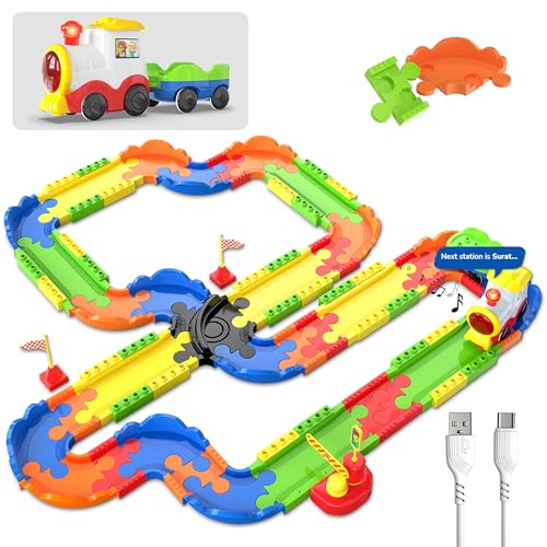 Image of Mirana Block Rider Toy Train Set with Colorful & Multiple Track Layout, USB Rechargeable Type-C Engine, Various Sound Modes - Vande Bharat, Rajdhani, Delhi Metro, Kids 2-8 Years (Medium - 82 Pcs)