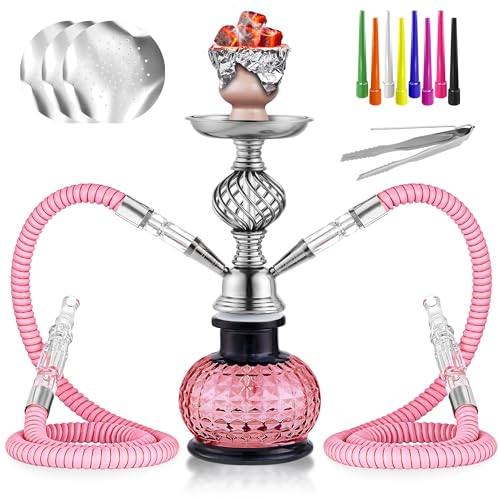 Complete 12 Inch Hookah Set 2 Hoses All Around Mini Shisha Ball Hollow Carved Glass Hookah (Pink)